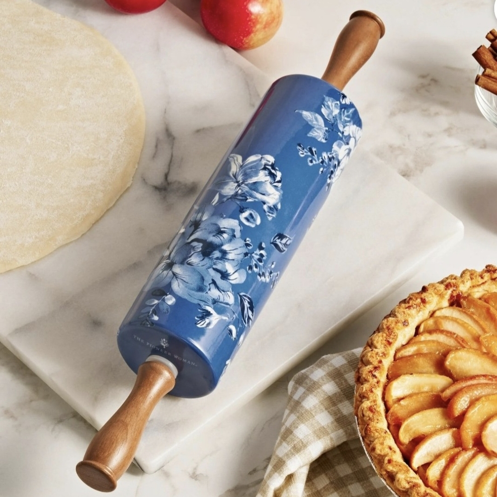 The Pioneer Woman Delilah Blue Floral Rolling Pin with Wooden Handles